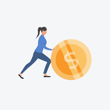 Girl moving big dollar coin. Startup, investment, profit. Can be used for topics like professional , work, jobのイラスト素材