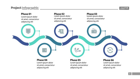 Six phase process chart slide template design. Element of chart, diagram, infographic. Concept for presentation, annual report, web design. Can be used for topics like business, finance, bankingのイラスト素材
