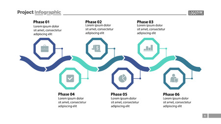 Six phase process chart design. Element of chart, diagram, infographic. Concept for presentation, annual report, slide template. Can be used for topics like business, plan, strategyのイラスト素材