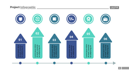 Six arrows process chart slide template. Business data. Option, diagram, design. Creative concept for infographic, presentation. Can be used for topics like marketing, finance, teamwork.のイラスト素材