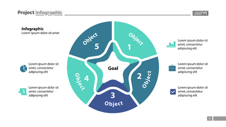 Pie chart with five parts. Business data. Diagram, infographic, design. Creative concept for infographic, template, presentation. Can be used for topics like management, marketing, analysis.のイラスト素材