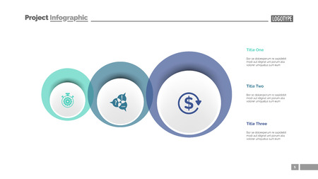 Three circles process chart slide template. Business data. Option, diagram, design. Creative concept for infographic, presentation. Can be used for topics like management, strategy, training.のイラスト素材