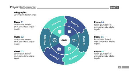 Six sectors process chart slide template. Business data. Structure, circle, design. Concept for infographic, presentation, report. Can be used for topics like marketing, recruitment, analytics.のイラスト素材