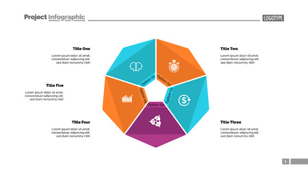 Cycle diagram with five options. Option chart, segments, slide template. Creative concept for infographics, presentation, project, report. Can be used for topics like business, startup, investmentのイラスト素材