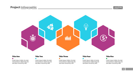 Five hexagons process chart slide template. Business data. Step, workflow, design. Creative concept for infographic, presentation, report. Can be used for topics like insurance, strategy, research.のイラスト素材