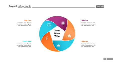 Five circle elements process chart slide template. Business data. Plan, point, design. Creative concept for infographic, presentation, report. For topics like management, teamwork, production.のイラスト素材