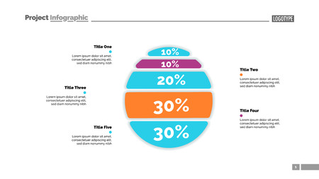Five options percentage chart slide template. Business data. Report, comparison, design. Creative concept for infographic, presentation, report. Can be used for topics like banking, finance, research.のイラスト素材