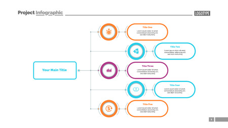 Five options flowchart slide template. Business data. Structure, hierarchy, design. Creative concept for infographic, presentation, report. Can be used for topics like consulting, teamwork, planning.のイラスト素材
