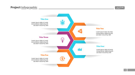 Five options process chart slide template. Business data. Workflow, visualization, design. Creative concept for infographic, presentation, report. For topics like research, strategy, consulting.のイラスト素材