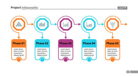 Five options process chart slide template. Business data. Workflow, diagram, design. Creative concept for infographic, presentation. Can be used for topics like marketing, strategy, teamwork.のイラスト素材