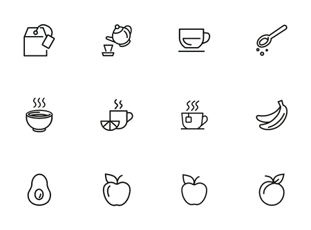Tea and fruits icons. Set of line icons on white background. Tea, cup, lemon, apple. Food concept. Vector illustration can be used for topics like food market, grocery storeのイラスト素材