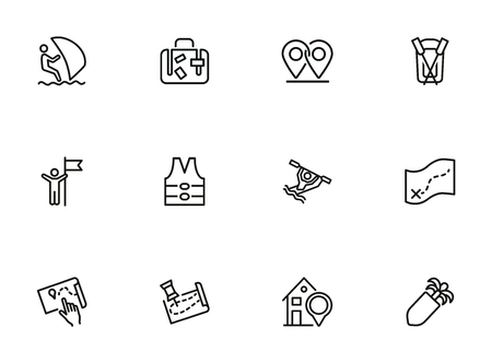 Travelling and activity icons. Set of line icons on white background. Suit case, map, route, hotel. Trip concept. Vector illustration can be used for topics like hiking, active lifestyle, tourismのイラスト素材