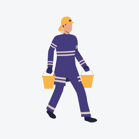 Young firefighter running with buckets of water. Fire, rescue, help. Can be used for topics like extinguishing, risk, braveryのイラスト素材