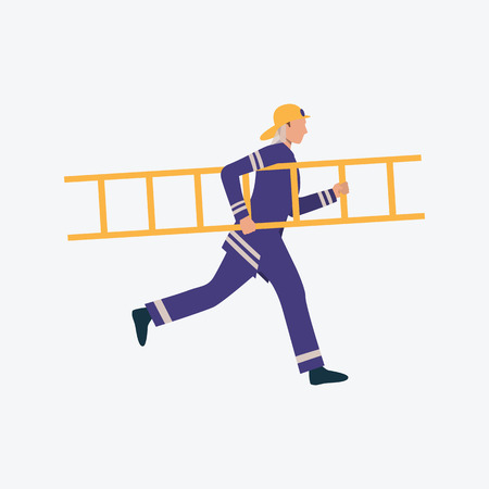 Young firefighter running with ladder. Help, danger, rescue. Can be used for topics like salvage, bravery, riskのイラスト素材