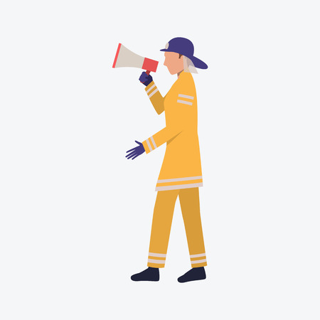 Young firefighter speaking into megaphone. Danger, risk, warning. Can be used for topics like rescue, help, alertのイラスト素材