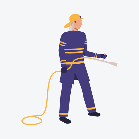 Young firefighter using hydrant. Water, extinguishing, fire. Can be used for topics like risk, bravery, rescueのイラスト素材