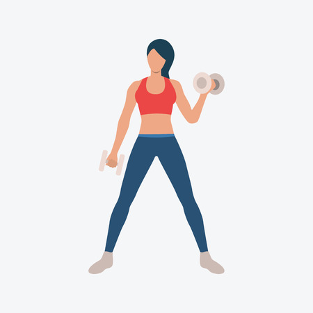 Training biceps with dumb-bells on exercise ball flat icon. Girl, woman, hand muscles. Fitness concept. Can be used for topics like gym, club, weight trainingのイラスト素材