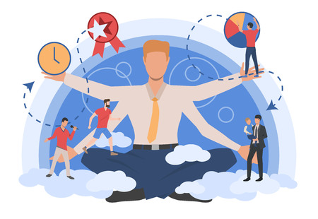 Businessman character showing different types of activity. Lifestyle, work, leisure. Can be used for topics like daily routine, time management, scheduleのイラスト素材