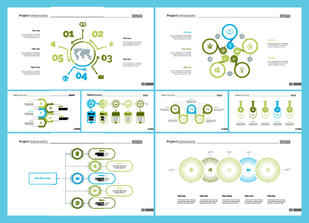 Project infographic design template set for stock and trade concept. Can be used for business project, annual report, web design. Option, process, line graphs, cycle chart, scatter plot, flowchartのイラスト素材
