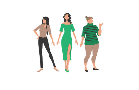 Three women representing different styles and body types. Clothes, style, figure. Can be used for topics like fashion, sizes, body difference.のイラスト素材