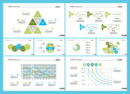 Business infographic creative design set can be used for annual report, web design, workflow layout. Workflow concept. Option, venn, cycle, donut charts, bar graph, flowchartのイラスト素材