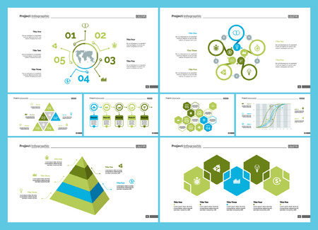 Creative business presentation slide for management concept. Can be used for business project, annual report, web design. Pie chart, process chart, venn chart, bar graph, flowchart, comparison diagramのイラスト素材