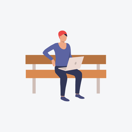 Person sitting on bench and browsing on laptop computer. Digital device, leisure. Can be used for topics like lifestyle, Internet, technologyのイラスト素材