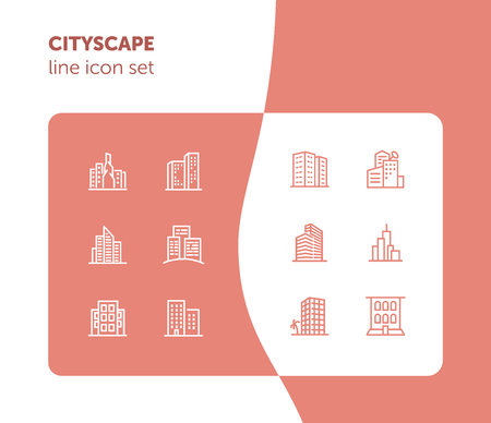 Cityscape line icon set. Set of line icons on white background. Architecture concept. Building, skyscraper, architecture. Vector illustration can be used for topics like apartment, estate, downtownのイラスト素材