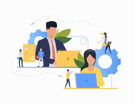 Communication flat icon. Department leaders, laptop, presentation, gear. Teamwork concept. Can be used for topics like leadership, unit, business, analysisのイラスト素材