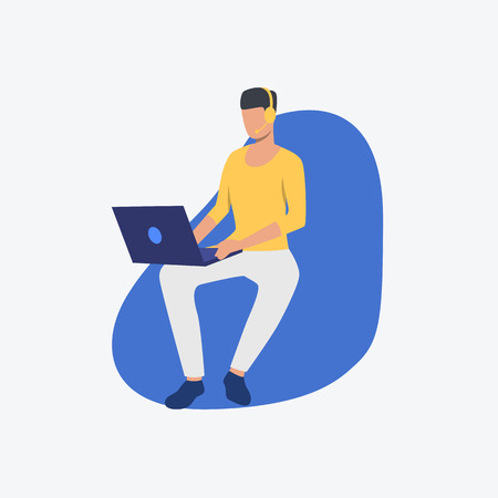 Video call flat icon. Man, laptop, wireless headset. Communication concept. Can be used for topics like online conference, call center, wireless connectionのイラスト素材