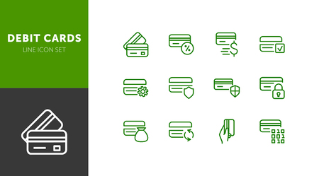 Debit cards line icon set. Set of line icons on white background. Banking concept. Credit card, payment, economy. Vector illustration can be used for topics like economy, modern, paymentのイラスト素材