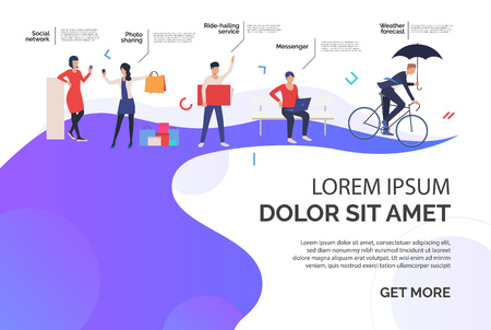 Photo sharing and social network online services advertisement. Application, website concept, presentation slide template with sample text. Can be used for topics like business, Internet, technologyのイラスト素材