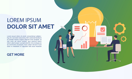 Light bulb and company workers in office and sample text. Idea, planning, analysis concept, presentation slide template. Can be used for topics like business, management, marketingのイラスト素材