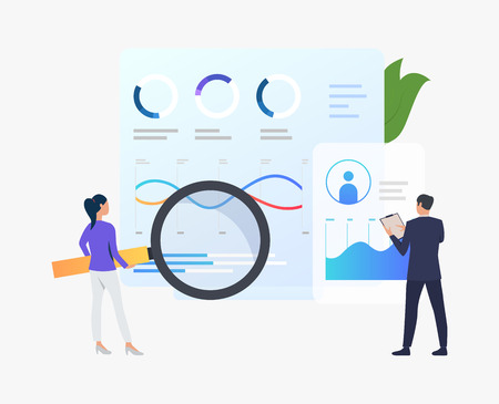 Businesspeople with magnifying glass at annual report vector illustration. Finance, banking, commerce. Marketing concept. Creative design for layouts, web pages, bannersのイラスト素材