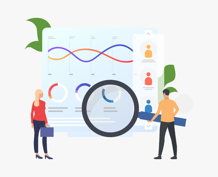 Businesspeople with magnifying glass at diagrams vector illustration. Workflow, data, annual report. Marketing concept. Creative design for layouts, web pages, bannersのイラスト素材
