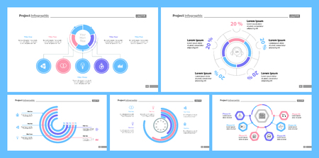 Business infographic diagram slide templates set can be used for workflow layout, annual report, web design. Marketing concept. Donut, arrow, timeline, process charts, bar graph, cycle, area diagramのイラスト素材