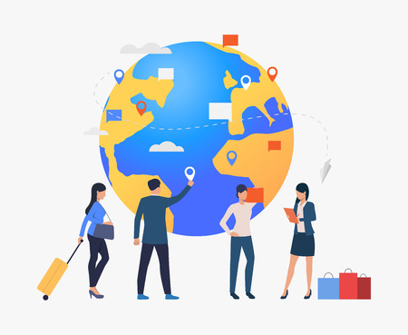 Business people at globe vector illustration. Globalization, global business, www. Business travel concept. Design for website templates, posters, bannersのイラスト素材