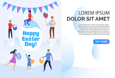 Happy Easter day lettering, people, painted eggs and sample text. Celebration, decoration, traditional. Presentation slide template. Can be used for topics like Easter, holiday, springのイラスト素材