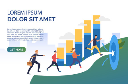 Workers running to target with sample text. Goal, competition, growth, success concept, presentation slide template. Can be used for topics like business, finance, marketingのイラスト素材