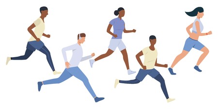 Set of young multiethnic runners. Group of girls and boys jogging outdoors. Vector illustration can...