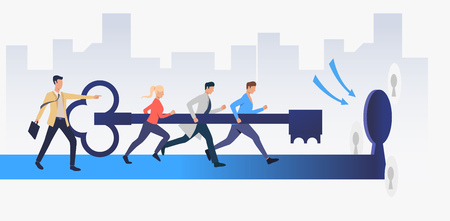 Businesspeople running and carrying key to unlock keyhole. Target, goal, team concept. Vector illustration can be used for topics like business, management, teamworkのイラスト素材