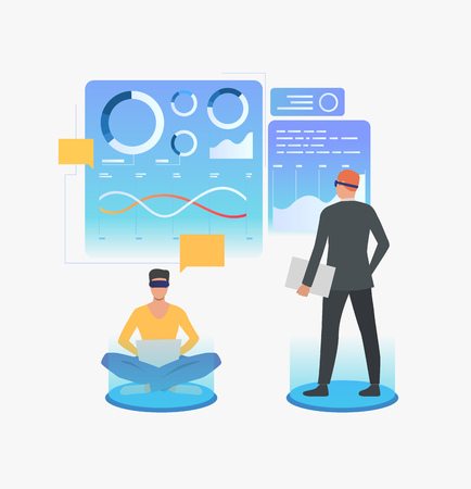 People wearing virtual reality glasses and working in VR interface. Future, VR, cyberspace concept. Vector illustration can be used for topics like business, technology, virtual realityのイラスト素材