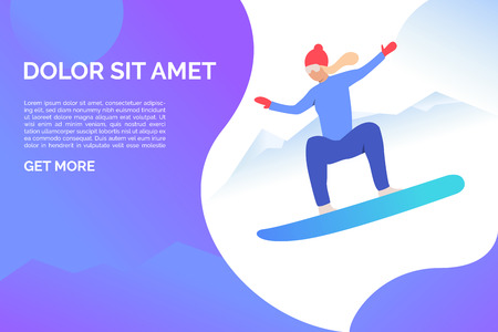 Woman riding snowboard in mountains with sample text. Activity, workout, lifestyle concept. Presentation slide template. Can be used for topics like sport, business, tourismのイラスト素材