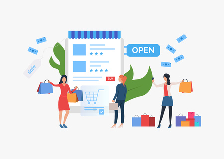 Shopping sale slide template presentation. Three girls standing before supermarket. Choosing goods on Internet concept. Vector illustration can be used for topics like sale, shopping, promotionのイラスト素材