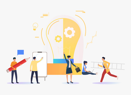 Light bulb, business people working and studying. Innovation, study, work concept. Vector illustration can be used for topics like business, education, researchのイラスト素材
