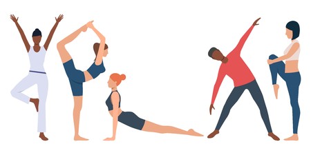 Set of fitness instructor practicing yoga. Flexible young people strengthening body. Vector illustration for body conscious, presentation, promoのイラスト素材