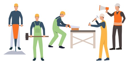 Set of construction workers building house. Bundle of engineers working at construction site. Vector illustration can be used for cartoon character, manual labor, promoのイラスト素材