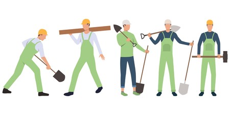 Set of handymen and builders standing, holding tools and working. Group of men wearing uniform. Vector illustration for building work presentation slide, construction business designのイラスト素材