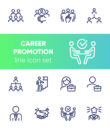 Career promotion line icon set. Candidate, selection, interview. Human resource concept. Can be used for topics like employment, corporate hierarchy, recruitmentのイラスト素材
