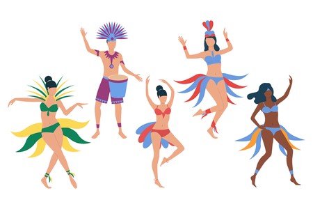 Set of Brazilian carnival dancers. Girls in bikini dancing samba, man in costume playing drum. Show...